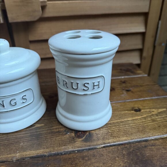 Pottery Barn White Ceramic Bathroom Set – 4 Pc (Lotion, Brush, Stuff, Things) - Picture 6 of 10